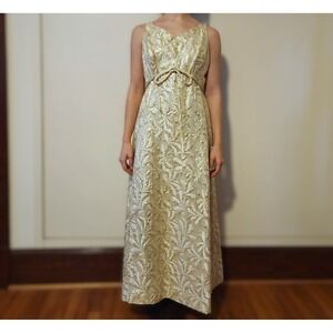 Vintage 1960s Kent Originals Gold Metallic Brocade Maxi Dress Bow Waist Sz S